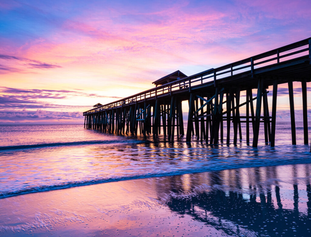 Sunrise and Wooden Pier on Fernandina Beach, Amelia Island, Florida, USA